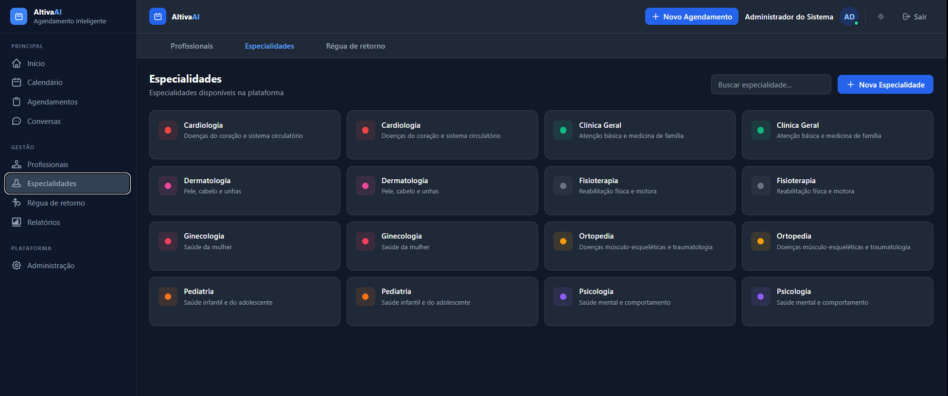 Tela de gestão de especialidades da clínica